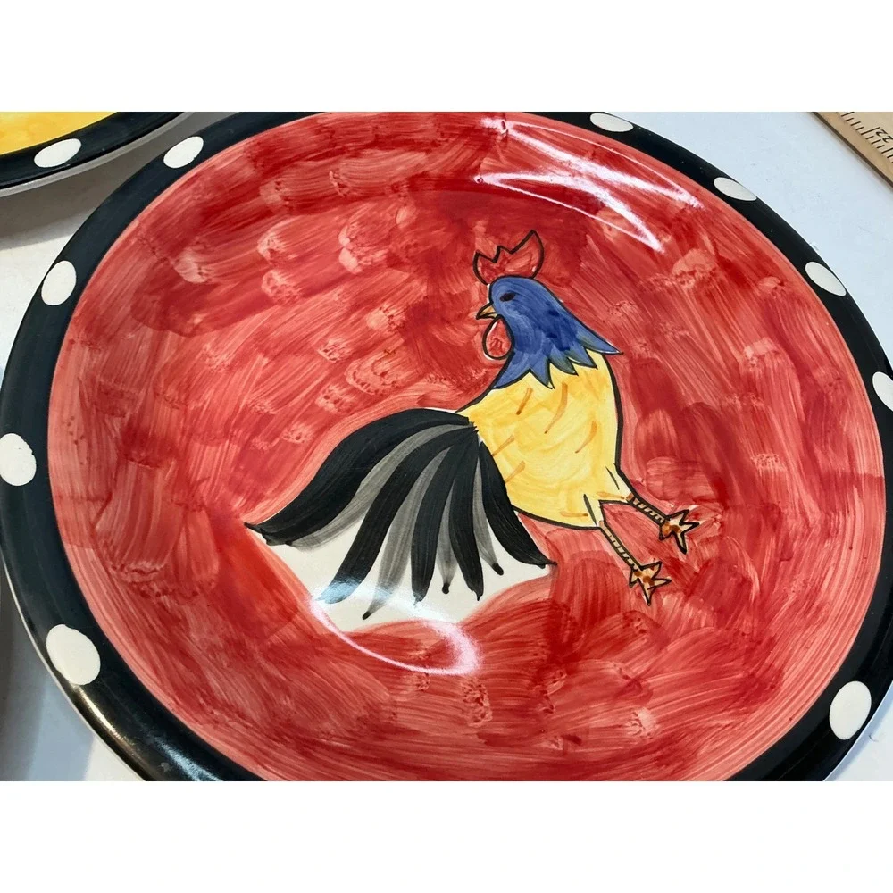 Vintage Rooster Ceramic Plates Set of 3 Polka Dot Rim 8 Inch Farmhouse